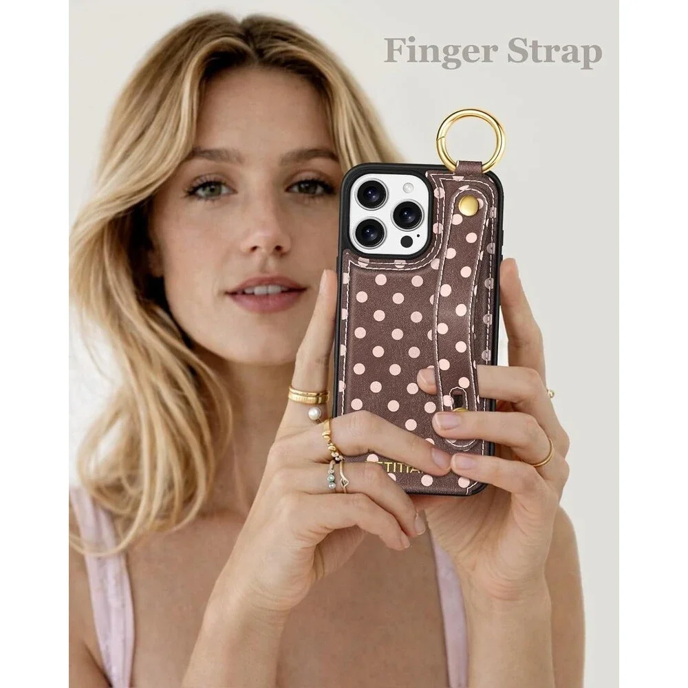 iPhone 16 Pro Max Wallet Case Cute Girly Brown Polka Dot Leather Card Holder